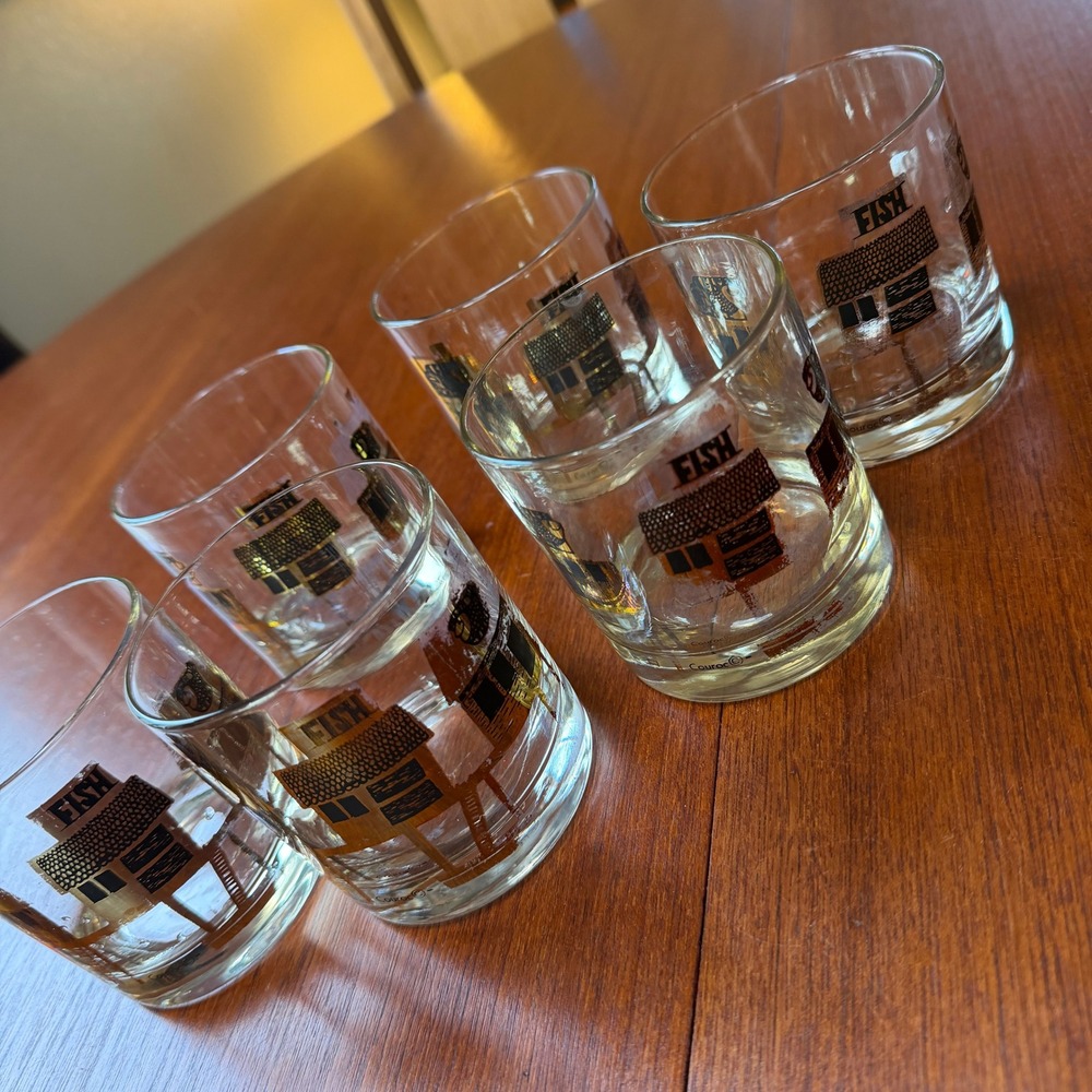 Couroc Vintage MCM Gold Fish Shack Rocks Glasses Set of 6 Monterey California